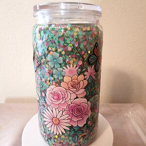 Handmade Glitter Snow Globe Cup 16 Oz. Acrylic Floral Lid & Straw Slow Flow.